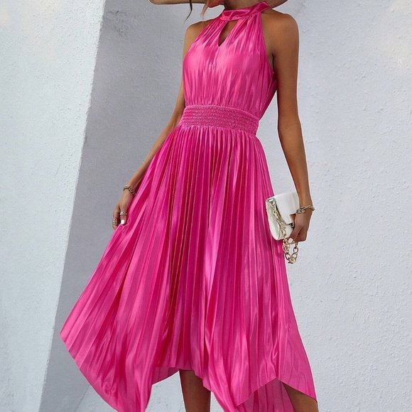 . Dresses & Skirts - Pink Boho Womens Keyhole Neckline Hanky Hem Pleated Dress